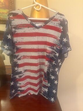Denim&Co Women's Short Sleeve V-Neck Flag Print Tee - Red, White & Blue